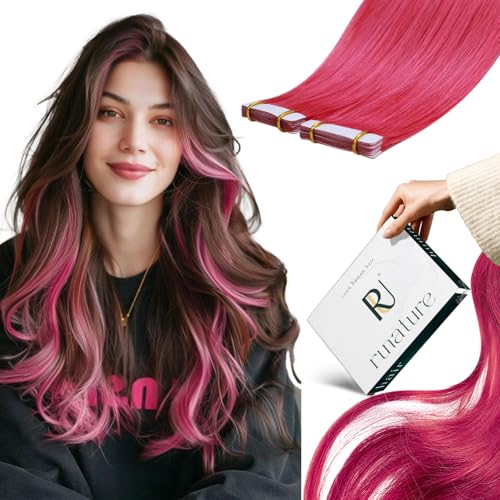 RUNATURE Seamless Tape in Hair Extensions Human Hair 22 Inch 25g 10pcs Hot Pink Hair Extensions Tape Ins Skin Weft Invisible Tape in Real Hair Extensions for Women Full Ends Natural Remy Hair