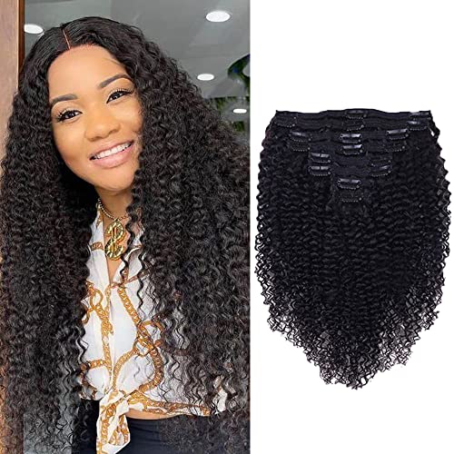 Curly Clip In Extension Human Hair 3C 4A Kinky Curly Clip Ins Full Head for Black Women Brazilian Remy Human Hair Natural Color 8Pcs with18clips 120g/Set(22 inch, curly wave)
