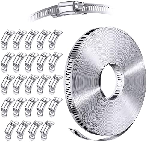 304 Stainless Steel Hose Clamp Assortment Kit DIY, Cut-To-Fit 50 FT Metal Strap+24 Stronger Fasteners, Large Adjustable Worm Gear Hose Clamps Screw Clamps Duct Pipe Metal Clamp Strapping