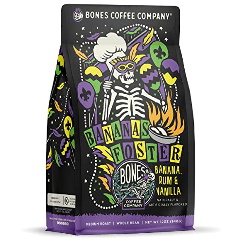 Bones Coffee Company Bananas Foster Flavored Coffee Beans, Whole Bean Coffee Medium Roast Low Acid, Banana Rum & Vanilla Flavor (12 oz)