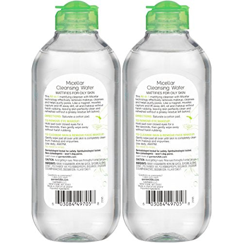 Garnier Micellar Water for Oily Skin, Facial Cleanser & Makeup Remover, 13.5 Fl Oz (400mL) 2 Count (Packaging May Vary)