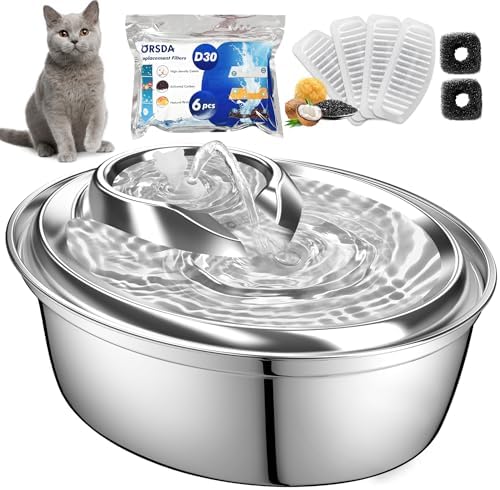 ORSDA Cat Water Fountain Stainless Steel, 2L Pet Fountain for Cats Inside, Dog Water Dispenser, Automatic Cat Drinking Fountains with 6 Replacement Filters for Cats, Small Dogs