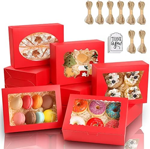 KPOSIYA 65 PCS 8x6x2.5 Inch Cookie Boxes with Window Red Bakery Boxes Pastry Boxes for Gift Giving, Treat, Dessert, Cupcakes, Chocolate, Strawberries, Donuts, Muffins (5 Style Windows)