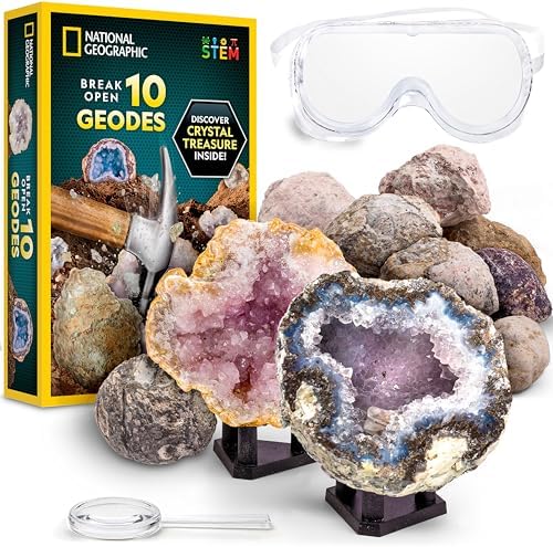 NATIONAL GEOGRAPHIC Break Open 10 Premium Geodes – Includes Goggles and 2 Display Stands - Great STEM Science Kit, Geology Gift for Kids, Break Your Own Geodes with Crystals, Toys for Boys and Girls