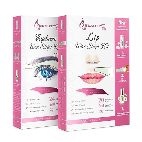 Beauty7 Wax Strips Kit, 2 SETS IN ONE PACKAGE. Eyebrow & Lip Facial Hair Removal with Pearl Powder Essential Oil for All Skin Types Women