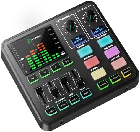 PUPGSIS Gaming Audio Mixer, Audio Interface with Pro-preamp, 48V Phantom Power, Bluetooth 5.3, RGB Lighting, PC Sound Board for Streaming, Podcasting, Recording, Content Creation