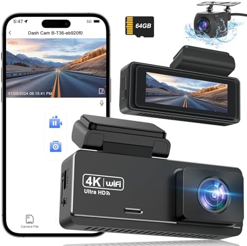 Dash Cam Front and Rear Camera 4k, WiFi Dash Camera for Cars Front and Rear with app, 4k+1080P Car Camera with 64GB Card, 2.99" Screen Dual Dashcam with 24/7 Parking Monitor, Accident Lock