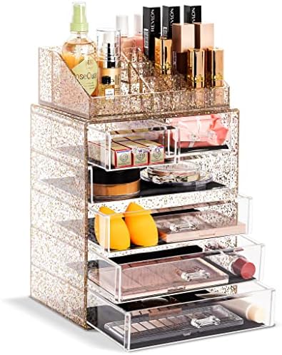 Sorbus Clear Cosmetic Makeup Organizer - Make Up & Jewelry Storage, Case & Display - Spacious Design - Great Holder for Dresser, Bathroom, Vanity & Countertop (4 Large, 2 Small Drawers) [Glitter]