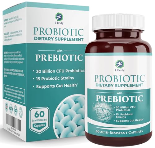 1 Body 30 Billion CFU Probiotic Supplement with Prebiotics – Patented Acid Resistant Capsules to Promote Gut Health, Support Immune System – Probiotics for Women and Men - 60 Vegetarian Capsules