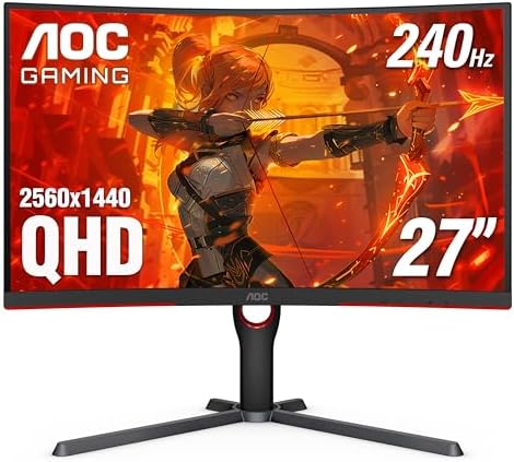 AOC CQ27G4H 27" Curved Gaming Monitor, QHD 2K 2560x1440, 1500R VA, 180Hz 0.5ms, AMD FreeSync Premium, Height Adjustable Stand, Xbox PS5 Switch Compatiable, 3-Year Zero-Bright-dot