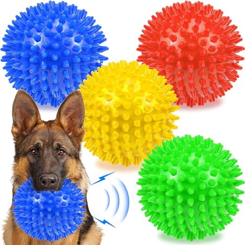 Dog Balls 4.5” Squeaky Dog Toys Spikey Dog Ball for Aggressive Chewers Heavy Duty Teething Large Medium Durable Dogs Balls (4 Pack)