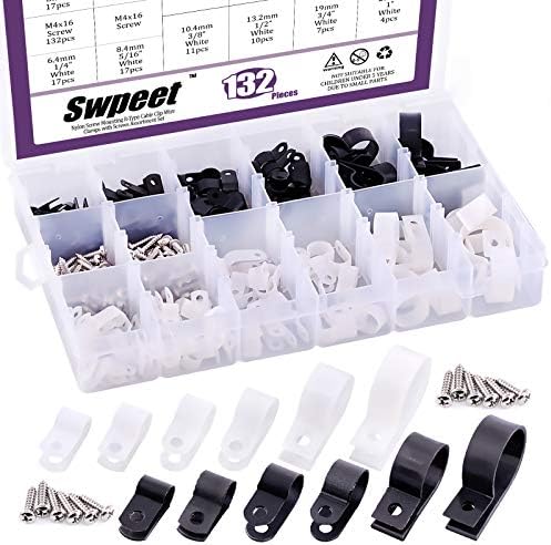 Swpeet 135 Pack 6 Sizes White+Black Nylon Plastic R-Type Cable Clips Clamp Assortment Kit, 3/16" 1/4" 3/8" 1/2" 3/4" 1" Nylon Screw Mounting Cord Fastener Clips with 135Pcs Screws for Wire Management