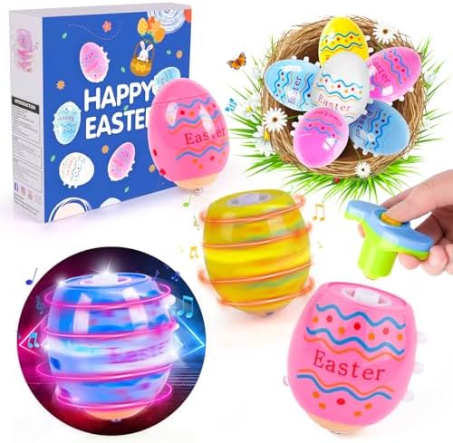 6-Pack Spinning Tops, LED Light Up Toys, Singing Party Favors, Plastic Easter Eggs, Kids 3+ Boys Girls