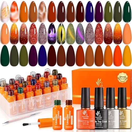 Lavender Violets 27 PCS Gel Manicure Kit with Cat Eye Magnetic Gel Nail Polish,Color Changing Blooming Gel/ Base/ Glossy/Matte Top Coat Dotting Liner Pen UV Gel Nails Varnish C403
