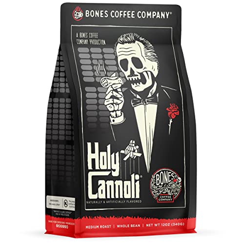 Bones Coffee Company Holy Cannoli Flavored Coffee Beans, Whole Bean Coffee Medium Roast Low Acid, Cannoli Flavor (12 oz)