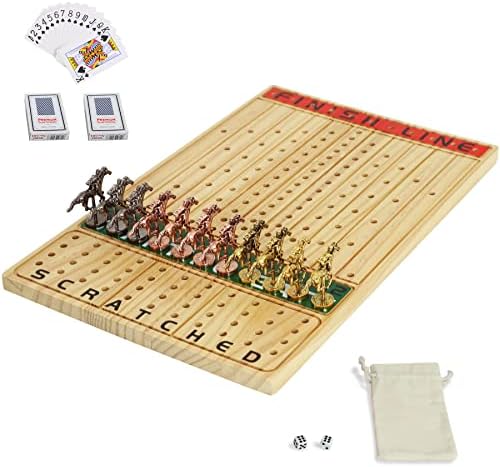 Horse Race Board Game Racing Game Thickened Solid Wood with 11 Luxurious Durable Classic Metal Horses with 4 Dice and 2 Boxes of Cards Horse Racing Game (Log Color, Rectangle)