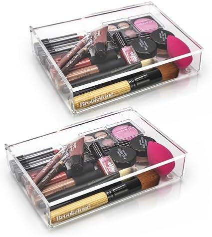 BROOKSTONE [2 PACK Makeup Organizer Acrylic Storage with Lid, Clear Plastic Display Box, Two Piece Cosmetic Case Measuring 7.75” x 5.25” x 1.8…