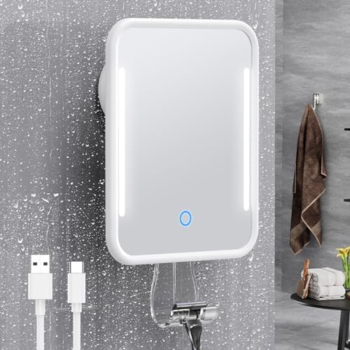 Gospire Heated Shower Mirror Fogless for Shaving with Light, Rechargeable Battery and Adjustable Brightness, Suction Cup and Razor Holder, Removable & NO-Drilling, Waterproof for Bathroom (White)
