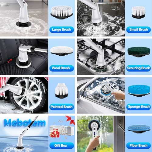 Electric Spin Scrubber, Shower Scrubber with Long Handle, IPX7 Waterproof Bathroom Cleaner Brush, Cordless Electric Cleaning Brush with 7 Replaceable Brush Heads, 2 Speeds Scrubber for Floor Tile Tub