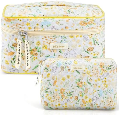 Zeyune 2 Pcs Cotton Quilted Makeup Bag for Women, Large Travel Coquette Cosmetic Bag, Aesthetic Cute Floral Toiletry Skincare Organizer(Yellow Flower)