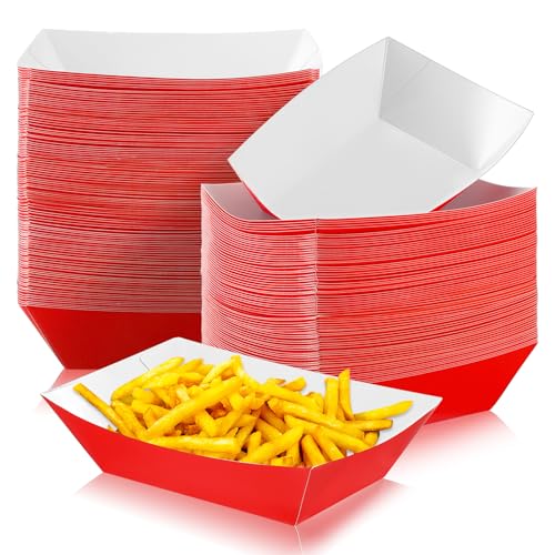Yinkin 100 Pcs 2lb Paper Food Trays Boat 2lb Disposable Nacho Trays Kraft Paper Boat for Tacos Concession New Year's Eve Party Supplies(Red)