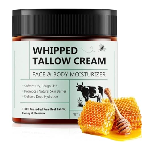 Beef Tallow for Face, Tallow Face Moisturizer, 4.2 oz Organic Whipped Grass Fed Beef Tallow with Honey Cream for Face & Body, Unscented