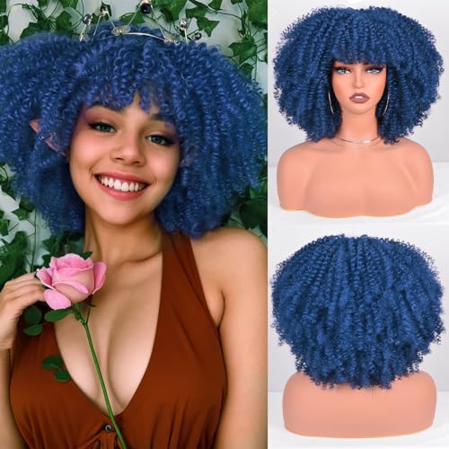 Afro Curly Wigs for Black Women Afro Bomb Kinky Curly Wig with Bangs 12 Inches about 280g Fluffy and Soft Glueless Synthetic Hair Wig (Dark Blue)