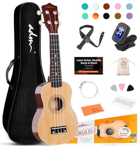 ADM Ukulele for Beginners Hawaiian Wood Ukelele Kit for Kids Adult Student Starter Professional Ukalelee Pack Bundle with Free Lessons Gig Bag Strap Nylon String Tuner (Natural, 21 Inch)