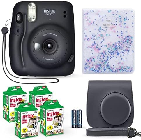 Fujifilm Instax Mini 11 Instant Camera Charcoal Gray + Fuji Film Value Pack (40 Sheets) + Shutter Accessories Bundle, Incl. Compatible Carrying Case, Quicksand Beads Photo Album 64 Pockets