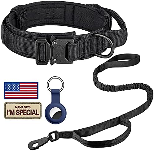 DAGANXI Tactical Dog Collar Leash Set, Adjustable Military Training Nylon Dog Collar with Controll Handle and Heavy Metal Buckle for Medium and Large Dogs，with Patches and Airtags Case (L, Black-Set)