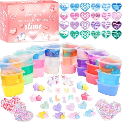 24 Pack Valentines Day Gift with Slime, Heart Bulk Slime for Kids Party Favors, Soft Non-Sticky, Stress Relief Fidget Toys, Valentine Party Supplies, Classroom Reward, Exchange Gift for Girls Boys