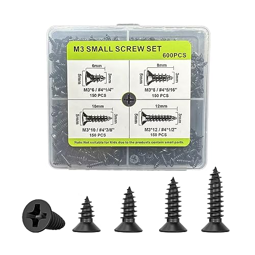 M3 Small Screw Kit, Short Wood Screws Assortment Kit, 600pcs Tiny Screws 6/8/10/12mm Phillips Flat Head Self Tapping Electronic Accessories Screw Multifunctional DIY Micro Woodworking Small Screws Set