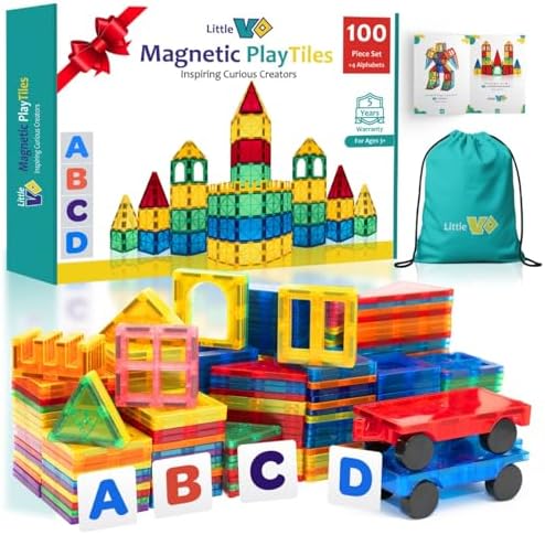 Magnetic Tiles 100 PCS with 2 Cars and 4 Extra Alphabets – STEM Building Blocks for Kids, Educational Gift for Boys & Girls