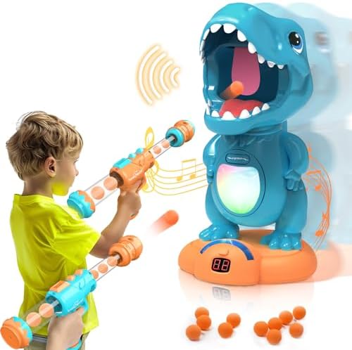 EagleStone Movable Dinosaur Shooting Toys for Boys – Electronic Target Practice with 2 Air Pump Guns, LCD Score Tracker, Sound Effects & 48 Foam Balls, for Kids 5 6 7 8 9