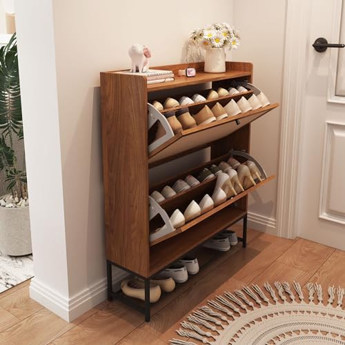AVZEAR Narrow Shoe Storage Cabinet with 2 Flip Drawers, Freestanding Shoe Organizer Wooden Closed Shoe Rack, Slim Shoe Cabinet Storage for Entryway, Hallway, Living Room (Walnut)