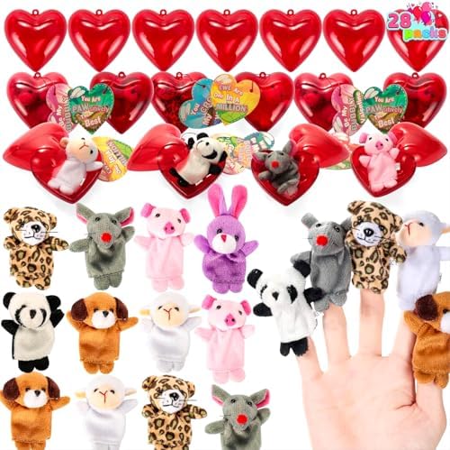 JOYIN 28 Packs Valentines Day Prefilled Hearts with Plush Animal Finger Puppet and Valentins Card for Kids Classroom Exchange, Valentine Party Favors, Gift Exchange, Game Prizes