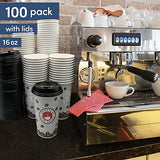 JUST PACK IT [16 oz - 100 Sets with Lids PREMIUM Paper Hot Coffee Cups with Resealable Lids - Leak Free To Go Disposable Hot Beverage Drinks