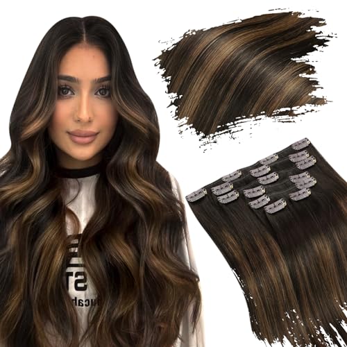 Ugeat Clip in Hair Extensions Real Human Hair Balayage Real Hair Extensions Clip in Human Hair Dark Brown to Chestnut Brown Human Hair Clip in Extensions 20 Inch 7pcs 120g(105g Hair+15g Clips)