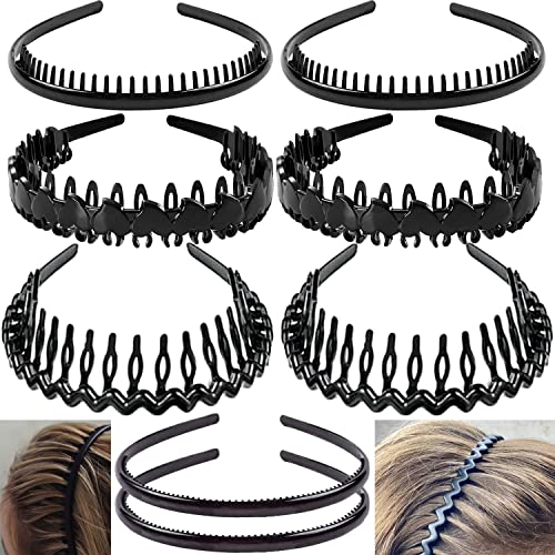8 PCS Fashion Effortless Plastic Headbands with Teeth Comb Black Skinny Headbands No Slip Hair Accessories Bands for Women Men Teen Girls, Bright Black