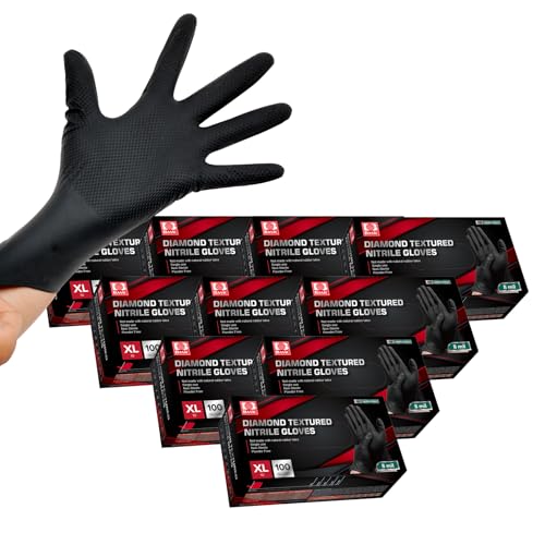 Jointown Basic Heavy Duty Nitrile Gloves Black Mechanic Gloves, 8 Mil Nitrile Disposable Gloves X-Large with Raised Diamond Texture, Latex Free, Powder Free Industrial Automotive Gloves Case of 1000