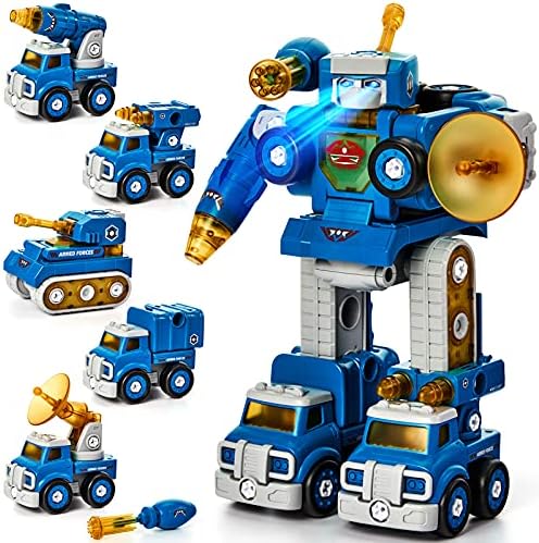 hahaland Toys for Ages 5-7 - STEM Toys for 5 Year Old Boy Gift - 5 in 1 Take Apart Trucks Transform to Robot - 6-8 Year Old Birthday Gift Ideas - Boys Toys Age 4-6 - Kids Easter Basket Stuffers