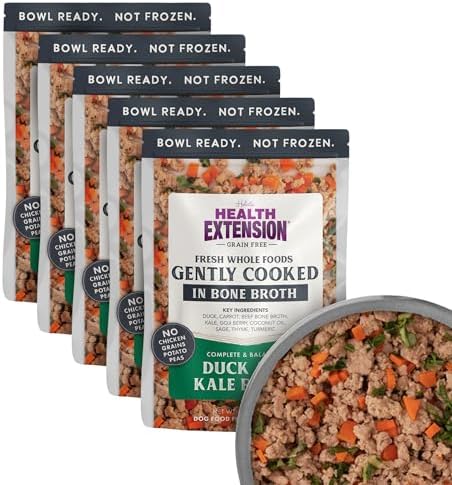 Health Extension Gently Cooked Duck & Kale Recipe Dog Food, (9 oz, 255 g) – Bowl Ready with Bone Broth, Omega-3s & Superfoods for All Life Stages (Case of 5 Pouches)