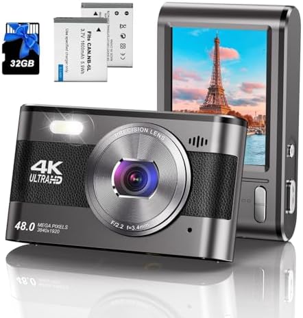 Digital Camera for Photography Autofocus 4K 48MP Compact Vlogging Camera for YouTube with 3 Inch Screen 18X Digital Zoom Point and Shoot Camera Mini Travel Camera with 32GB SD Card, 2 Batteries