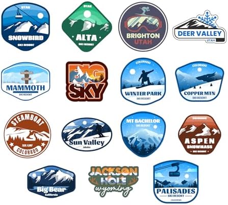 Ski Resort Sticker Pack 15 Pack, (Waterproof Vinyl Decal for Car, Water Bottle, Laptop, iPad, Window, Cooler, Luggage, Bumper, Toolbox, Locker), 3 inch