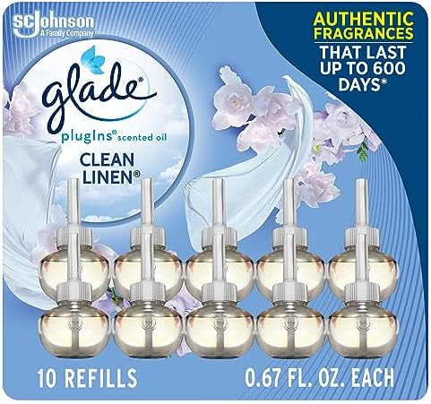 Glade PlugIns Scented Oil 10 Refills, Air Freshener, Clean Linen, 10 x 0.67 oz, Packaging May Vary