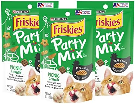 Purina Friskies Party Mix Cat Treats, Picnic Crunch with Chicken & Flavors of Turkey & Cheddar, Cat Treats for Adult Cats, 2.1-Ounce Pouch (Pack of 3)