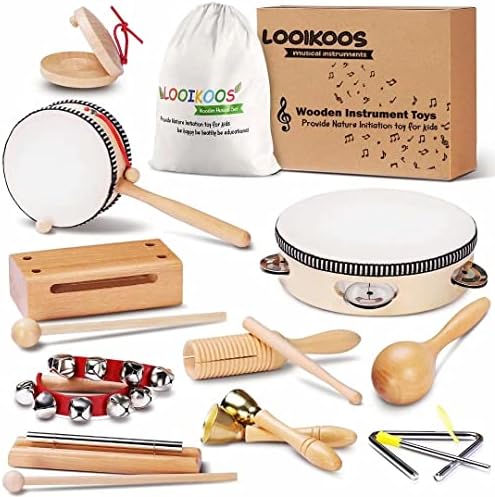LOOIKOOS Baby Musical Instruments Montessori Toys for Toddlers 1-3,Natural Wooden Percussion Instruments Set for Kids Preschool Educational Musical Toys for Ages 5-9