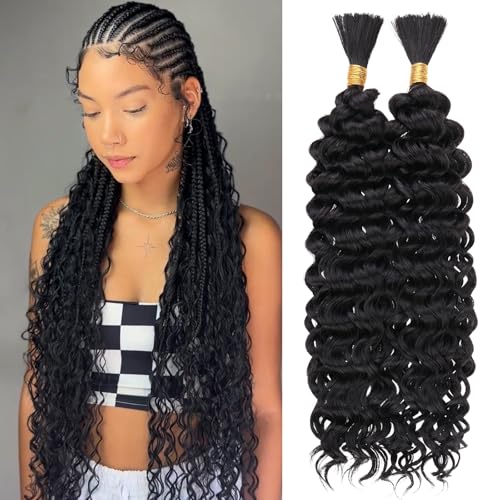 Leeven 20 Inch Water Wave Braiding Hair for Boho Braids Bulk Human Hair Mixed Synthetic Hair 180g Natural Black No Weft Wet and Wavy Curly Hair Bundle for Goddess Braids Twists (2 Bundles, 1B)