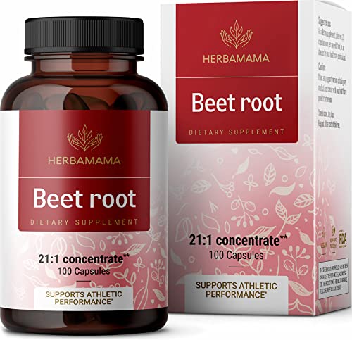 HERBAMAMA Beet Root Capsules - Organic Beetroot Extract Pills - High-Potency 21:1 Concentrate - Beet Root Powder Supplements - 100 Extra Strength Caps