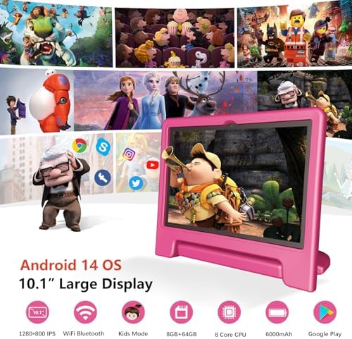 Kids Tablet, 10 inch Android 14 Tablet for Kids, 8GB RAM 64GB ROM Octa-Core Fast-Charging Battery Toddler Tablet with Shockproof Case, Bluetooth, WiFi, Parental Control, Dual Camera, GPS